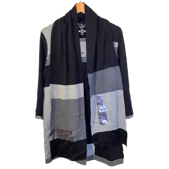 Style & Co Womens L Hooded Color Block Cardigan With Sequin Accents Black/Grey - Picture 1 of 8